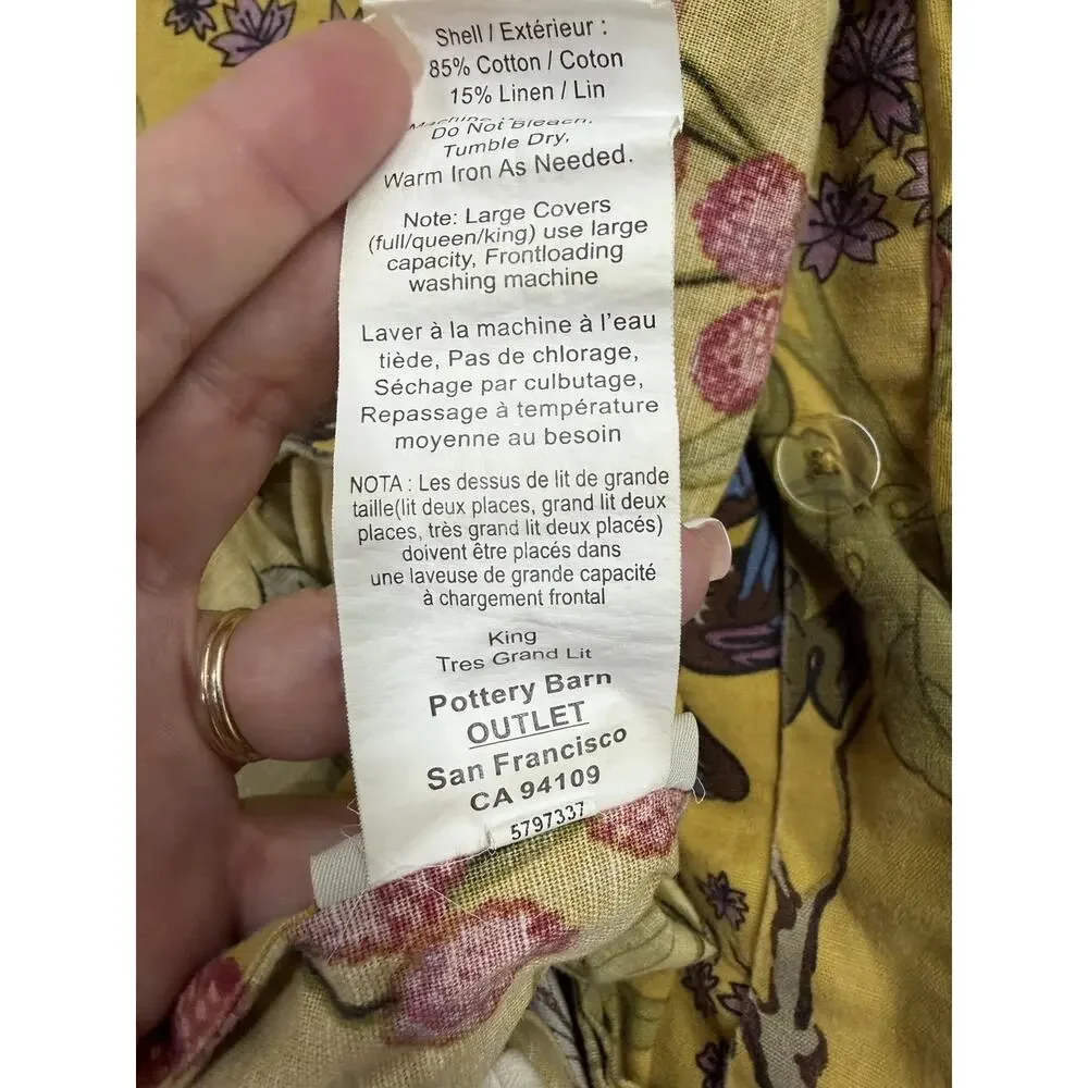 Pottery Barn Brynn King Duvet plus 3 Euro Shams Floral Birds Cotton Linen 4pc